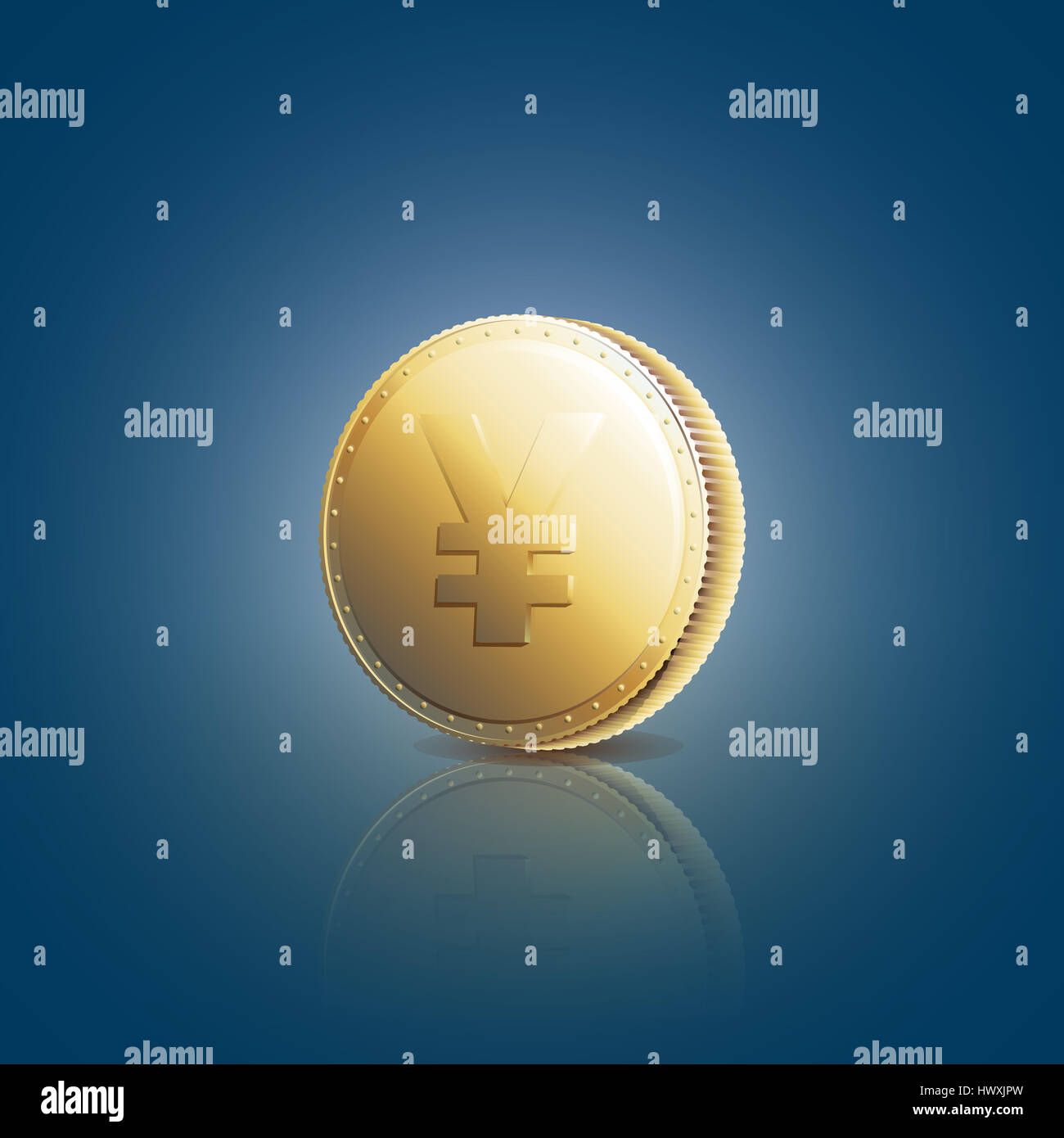 Pièce d'or avec yen sign sur fond bleu. Banque D'Images