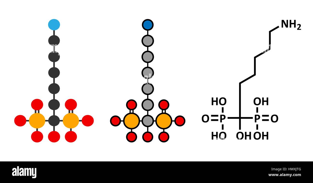 Neridronic molécule pharmaceutique acide. Utilisé pour le traitement de l'ostéogenèse imparfaite et la maladie de Paget des os. Formule topologique classiques et des r Illustration de Vecteur
