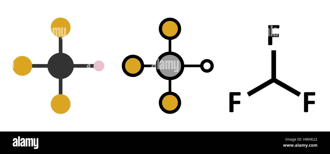 Le fluoroforme les émissions de gaz à effet de molécule. Les rendus 2D stylisée et conventionnelle formule topologique. Illustration de Vecteur