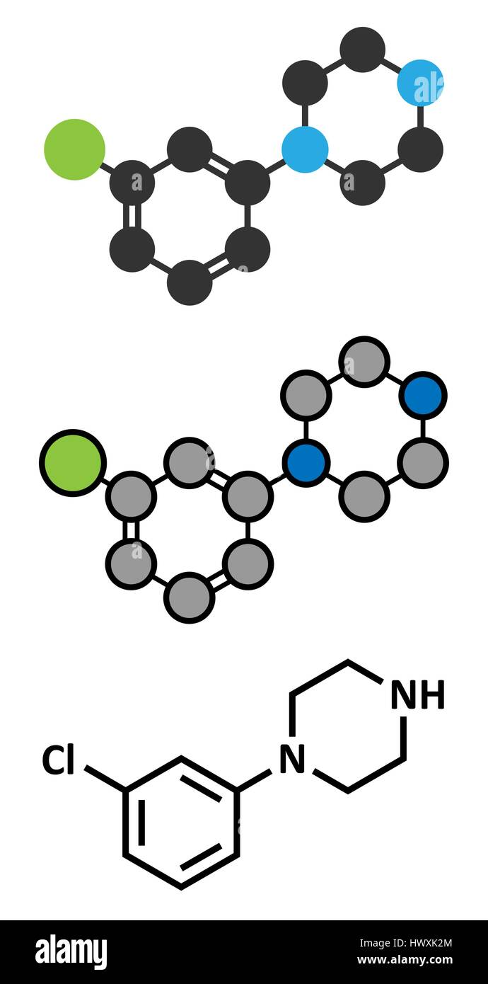 Méta-chlorophenylpiperazine (mCPP) molécule psychotrope. Les rendus 2D stylisée et conventionnelle formule topologique. Illustration de Vecteur