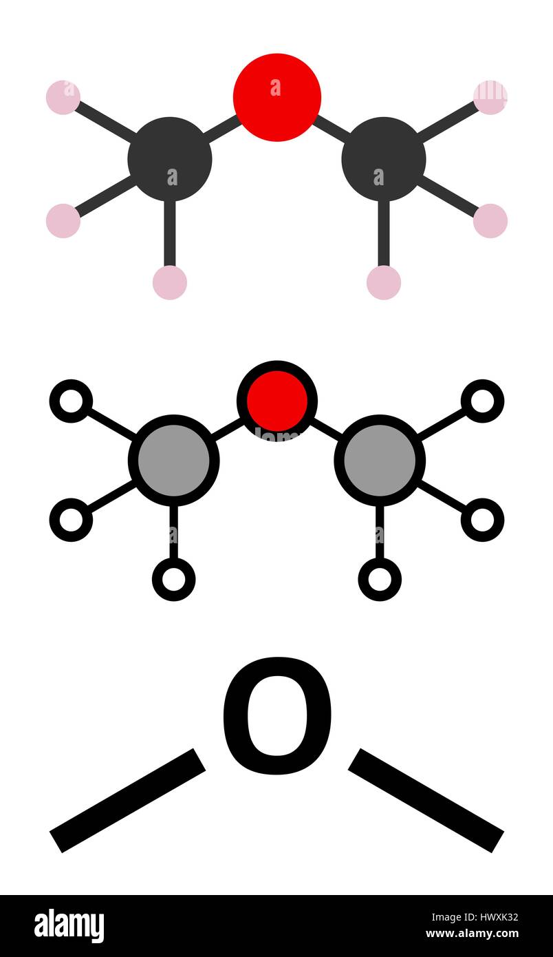 Le diméthyléther (DME) methoxymethane, molécule. Les rendus 2D stylisée et conventionnelle formule topologique. Illustration de Vecteur