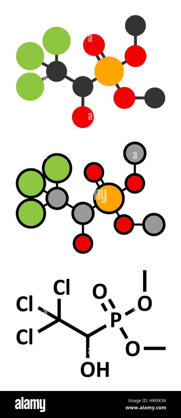 Le trichlorfon (métrifonate) molécule insecticide. Les rendus 2D stylisée et conventionnelle formule topologique. Illustration de Vecteur