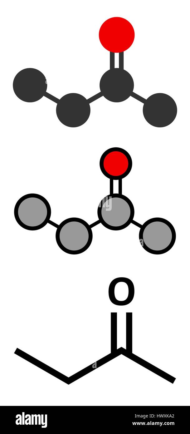 Butanone (méthyléthylcétone (MEK), molécule de solvant industriel. Les rendus 2D stylisée et conventionnelle formule topologique. Illustration de Vecteur