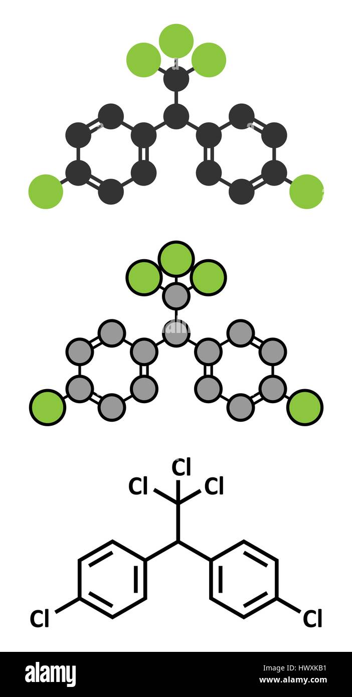 Le DDT (dichlorodiphényltrichloroéthane) molécule. Pesticide controversé, utilisé dans l'agriculture et de la lutte contre le paludisme la lutte contre les vecteurs de maladies. 2D stylisée rende Illustration de Vecteur