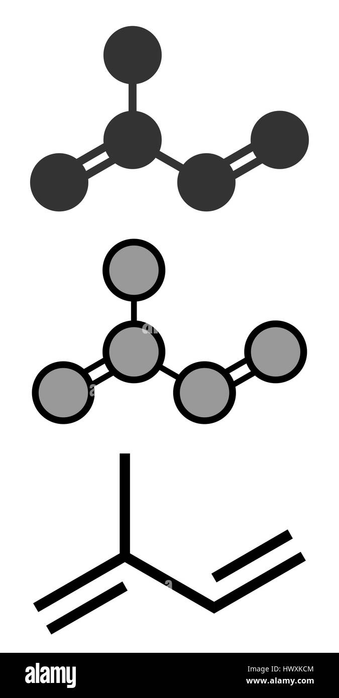 L'isoprène, caoutchouc (polyisoprène) building block (monomère). Les rendus 2D stylisée et conventionnelle formule topologique. Illustration de Vecteur