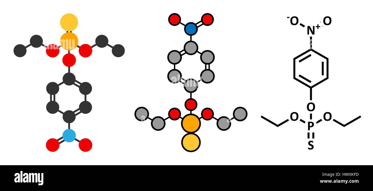 Molécule de pesticide parathion. Insecticide organophosphoré, a également utilisé comme arme chimique. Les rendus 2D stylisée et conventionnelle formule topologique. Illustration de Vecteur