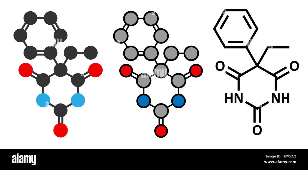 Anticonvulsivants BARBITURIQUES PHÉNOBARBITAL (épilepsie med) molécule. Les rendus 2D stylisée et conventionnelle formule topologique. Illustration de Vecteur