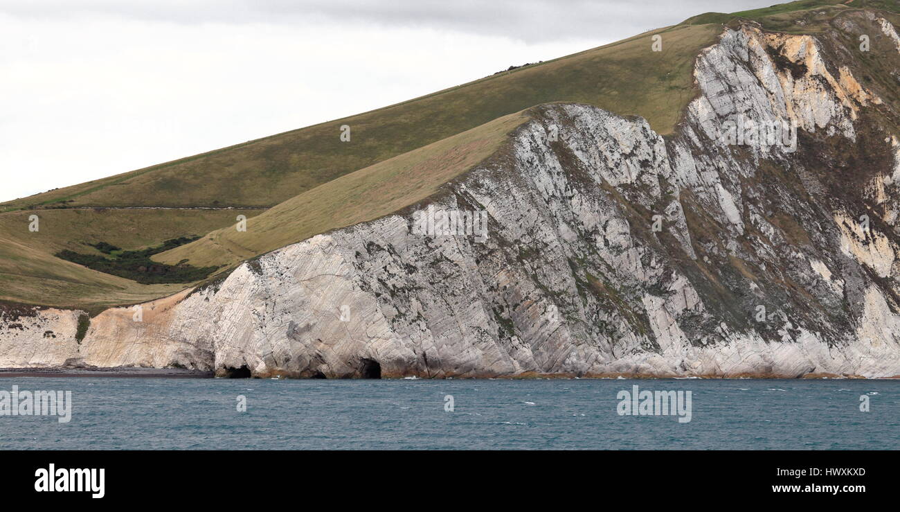 L'érosion des falaises de craie blanche à l'extrémité est de la plage jusqu'à Arish Mell Vale Halcombe, Dorset UK Banque D'Images