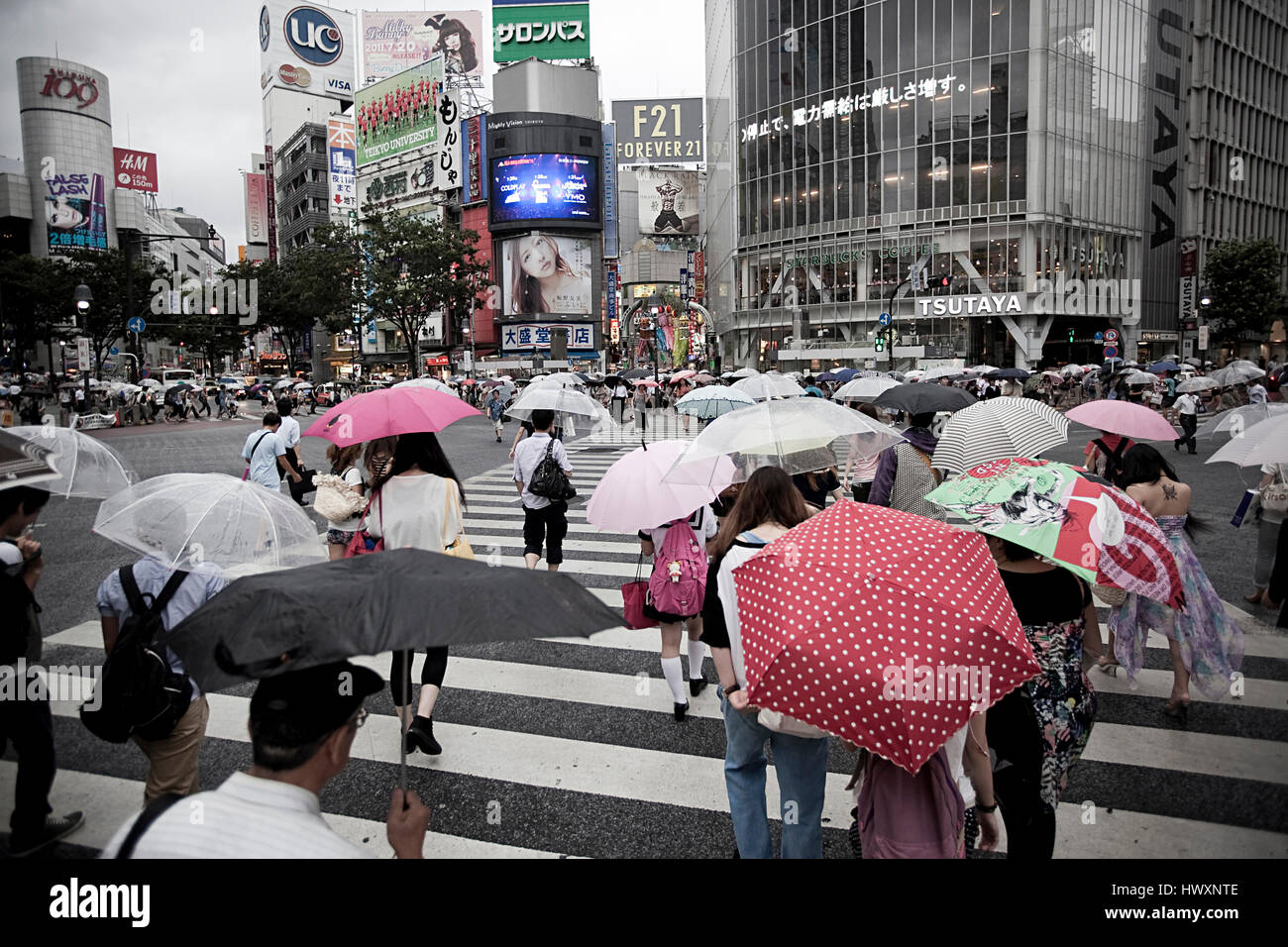 Jour de pluie dans le quartier de Shibuya, Tokyo. Shibuya est célèbre pour l'un des centres de la mode du Japon pour les jeunes et comme une importante vie nocturne. Banque D'Images