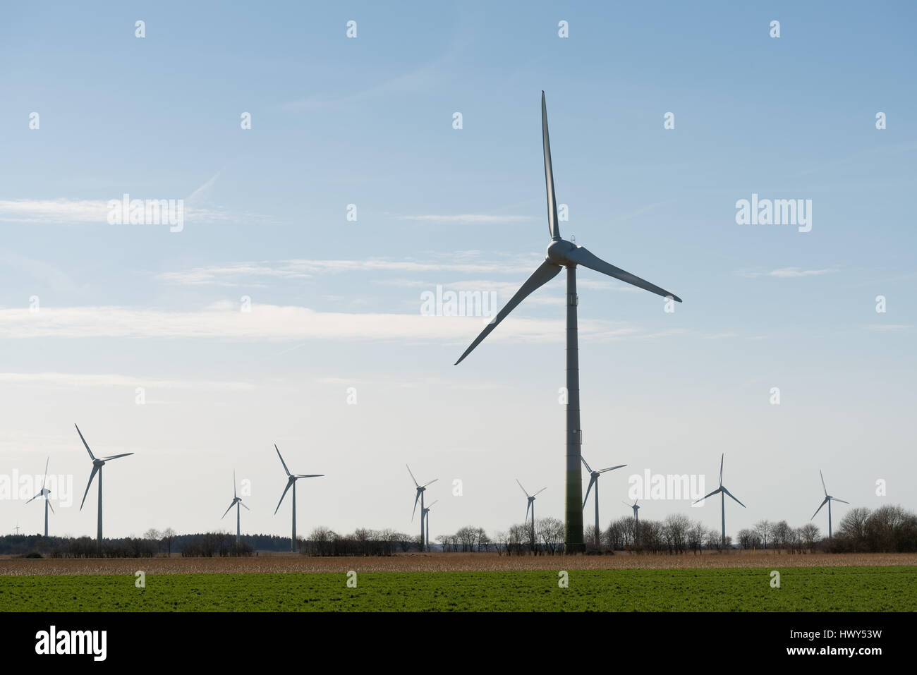 Haut de l'éolienne ou moulin debout sur le terrain avec un certain nombre de moulins à vent sur l'arrière-plan Banque D'Images Haut de l'éolienne ou moulin debout sur le terrain avec un certain nombre de moulins à vent sur l'arrière-plan Banque D'Images