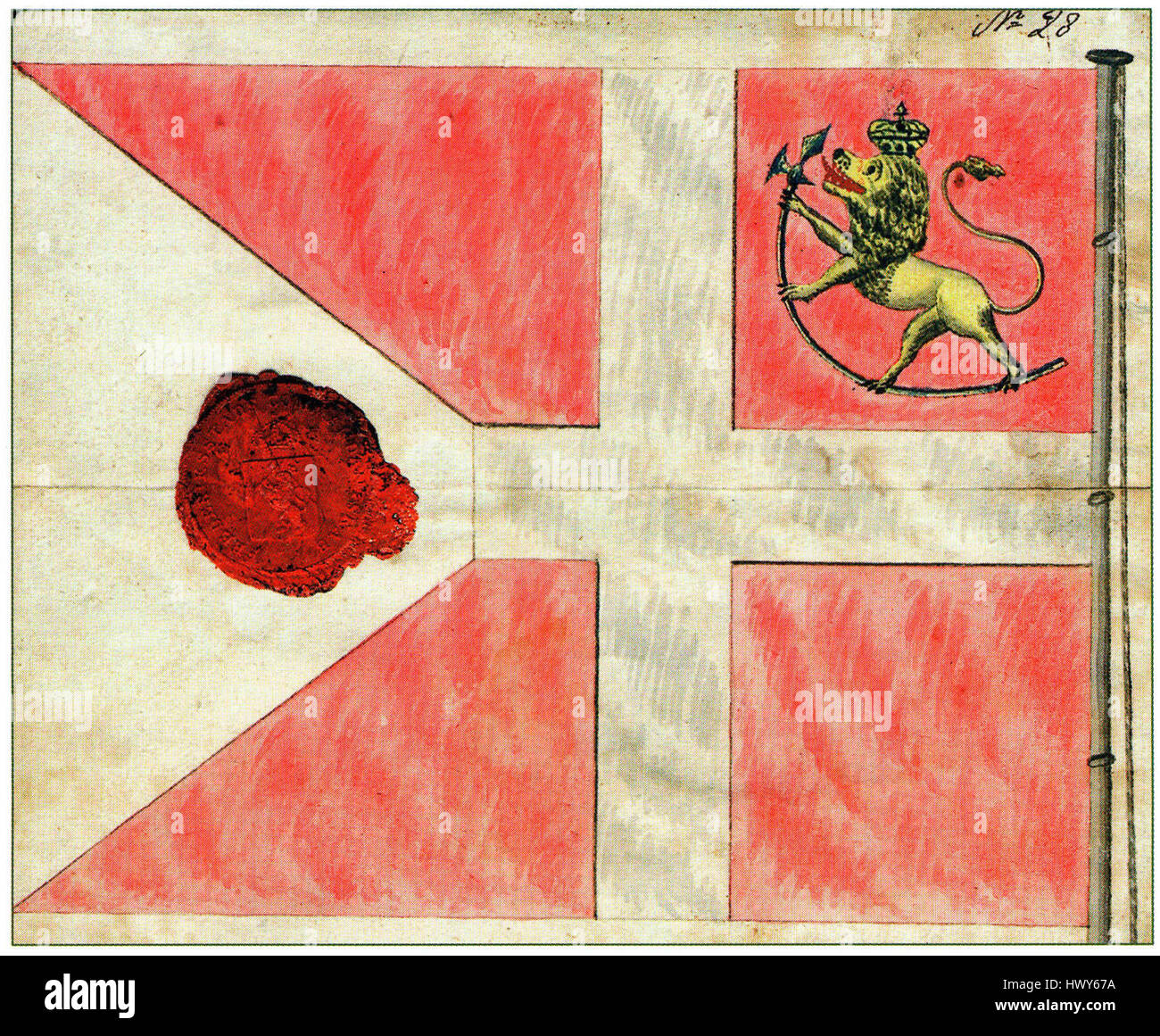 Le drapeau de 1814 fait probablement référence à un drapeau historique du début du XIXe siècle, potentiellement lié à un événement national ou militaire. Cette période a vu d'importants changements géopolitiques, et les drapeaux de l'époque symbolisent souvent des mouvements politiques clés, des révolutions ou des conflits militaires. Banque D'Images
