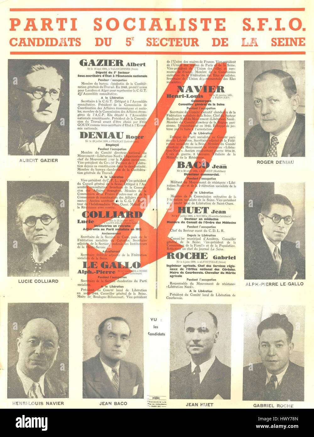 L'affiche électorale 1946 'affiche des candidats SFIO du 5e secteur de la Seine' représente une campagne politique pour la SFIO (section française de l'internationale ouvrière), centrée sur les candidats du 5e secteur de la Seine, reflétant les mouvements politiques de l'après-guerre en France. Banque D'Images