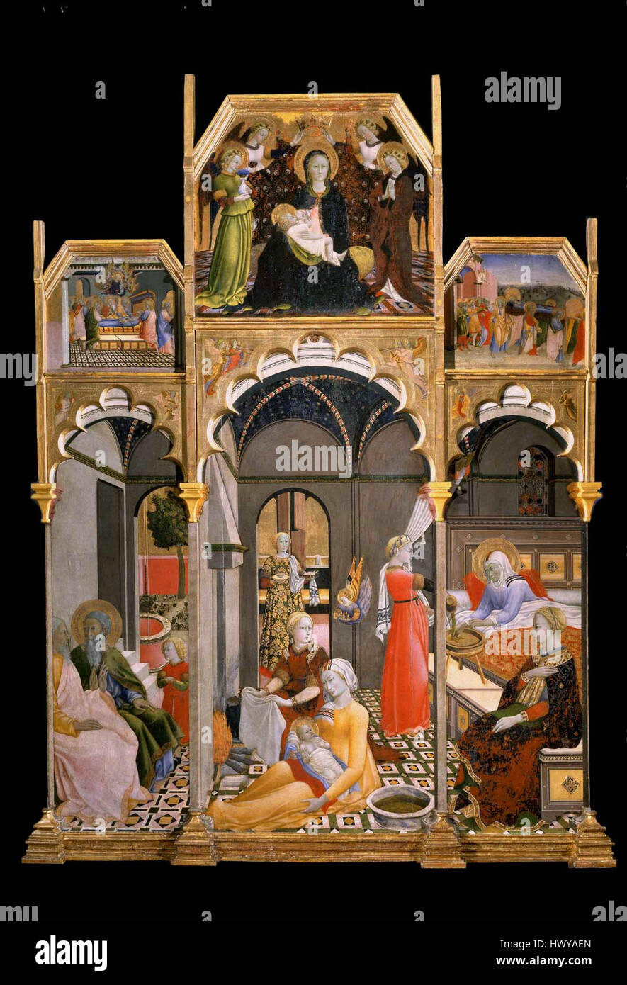 Naissance de la Vierge avec d'autres scènes de sa vie, tempera et feuille d'or sur panneau peint par le maître de l'Osservanza Triptyque, ca. 142839, Museo d'Arte Sacra, Asciano Banque D'Images