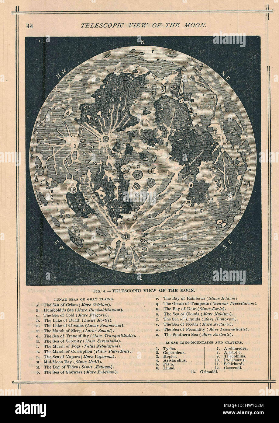 Cette carte et cette vue télescopique de la Lune de 1886 présentent les premières observations astronomiques. Il comprend une illustration détaillée de la surface lunaire, reflétant les progrès scientifiques de l'exploration spatiale à l'époque. La carte est un document historique important dans l'étude de la Lune. Banque D'Images