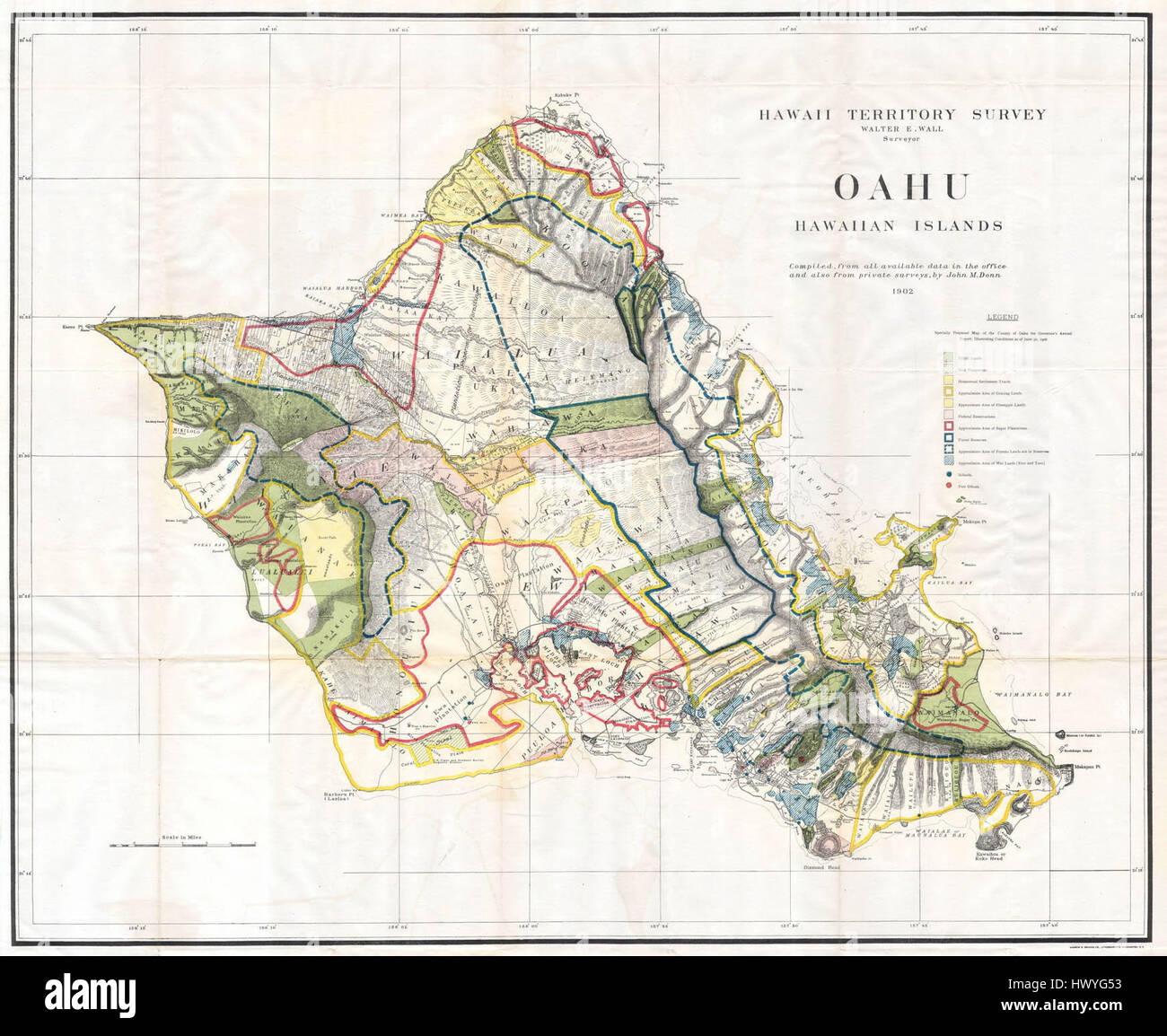 La carte *1902 du Land Office de l'île d'Oahu* fournit un relevé topographique et géographique détaillé d'Oahu, Hawaï. Il présente des monuments importants tels que Honolulu et d'autres zones clés de l'île. Banque D'Images