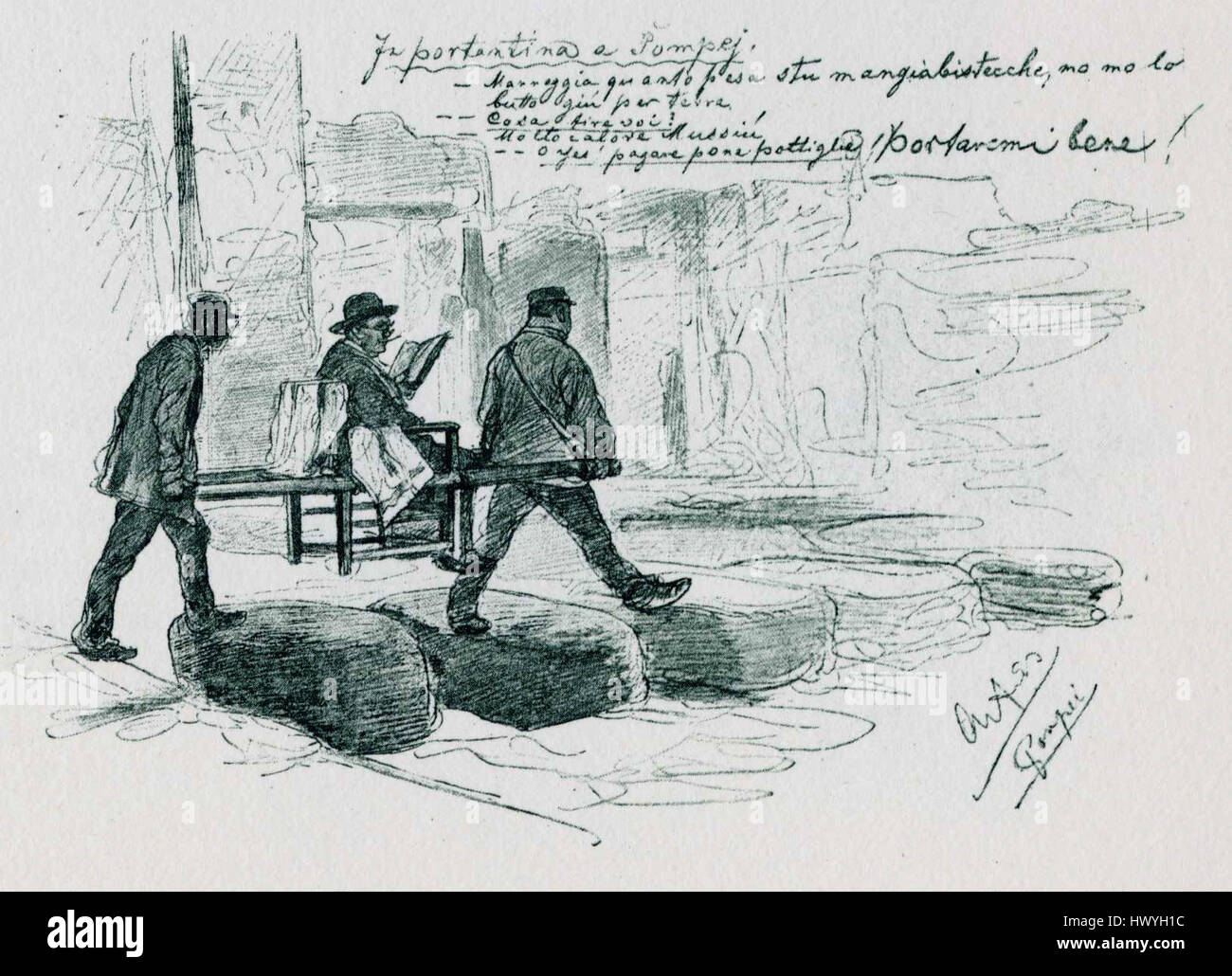 Cette référence est probable à une œuvre d'art représentant l'ancienne ville romaine de Pompéi, montrant spécifiquement une « portantina », un type de chaise portative ou de litière utilisée pour le transport dans les temps anciens. L’œuvre d’art capturerait une scène de la vie quotidienne ou le transport d’un individu de classe supérieure. Banque D'Images