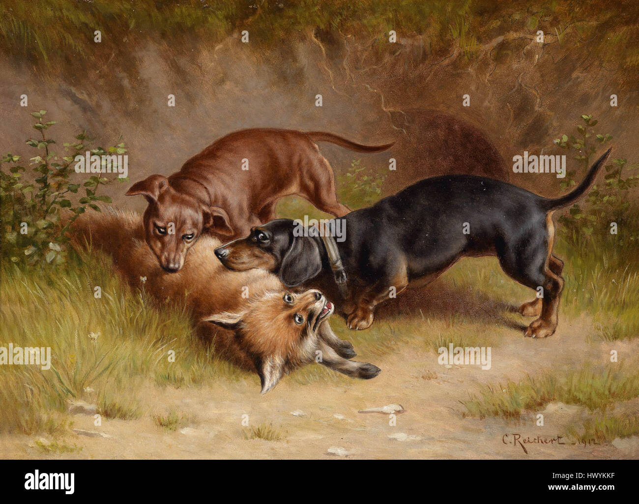 'Jagdbeute' (trophées de chasse) de Carl Reichert est une peinture de 1912 qui représente une scène d'un chasseur présentant son gibier. L’œuvre illustre le lien culturel entre l’homme et la nature, mettant en évidence la tradition de la chasse. Banque D'Images 'Jagdbeute' (trophées de chasse) de Carl Reichert est une peinture de 1912 qui représente une scène d'un chasseur présentant son gibier. L’œuvre illustre le lien culturel entre l’homme et la nature, mettant en évidence la tradition de la chasse. Banque D'Images