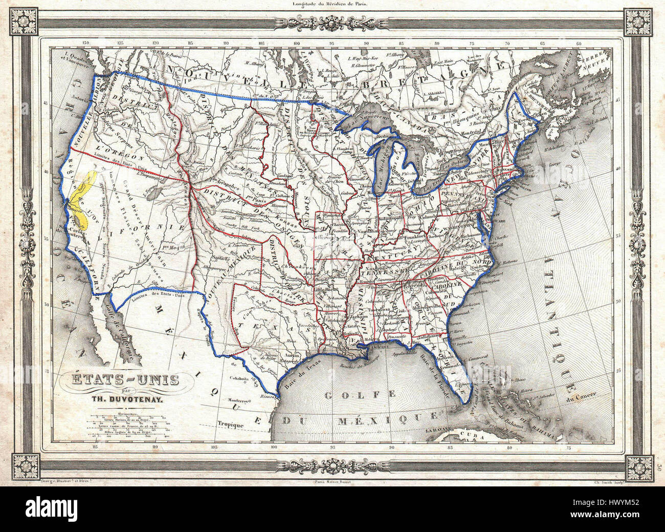 1852 Duvotenay Carte des États-Unis (Gold Rush) Geographicus EtatsUnis duvotenay 1852 Banque D'Images