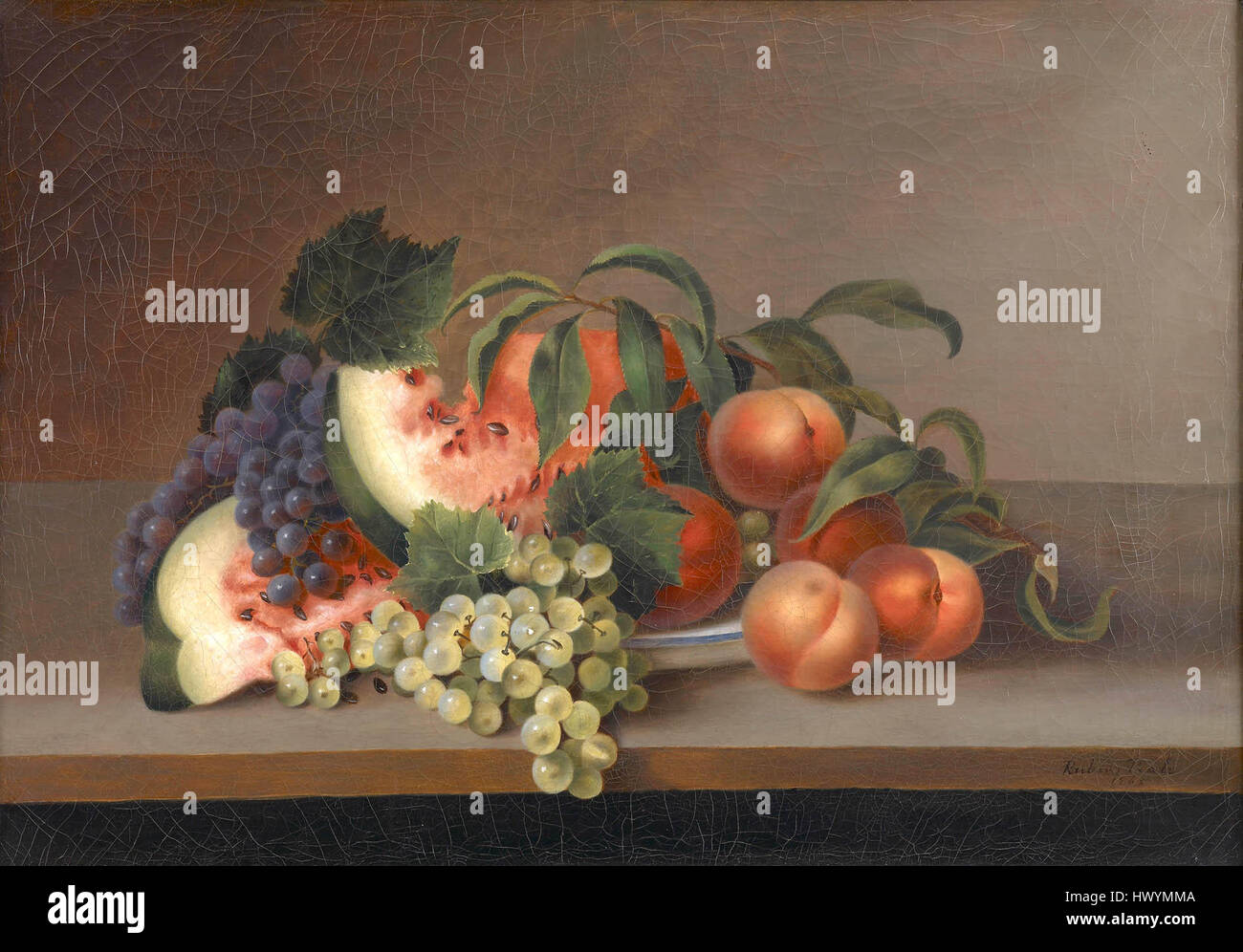 « Still Life with Watermelon » de Peale et Rubens est une œuvre d'art de 1865 mettant en valeur une représentation vibrante de fruits, en se concentrant particulièrement sur la pastèque. La pièce capture un équilibre entre le réalisme détaillé et l’influence stylistique de l’approche classique de Rubens. Banque D'Images