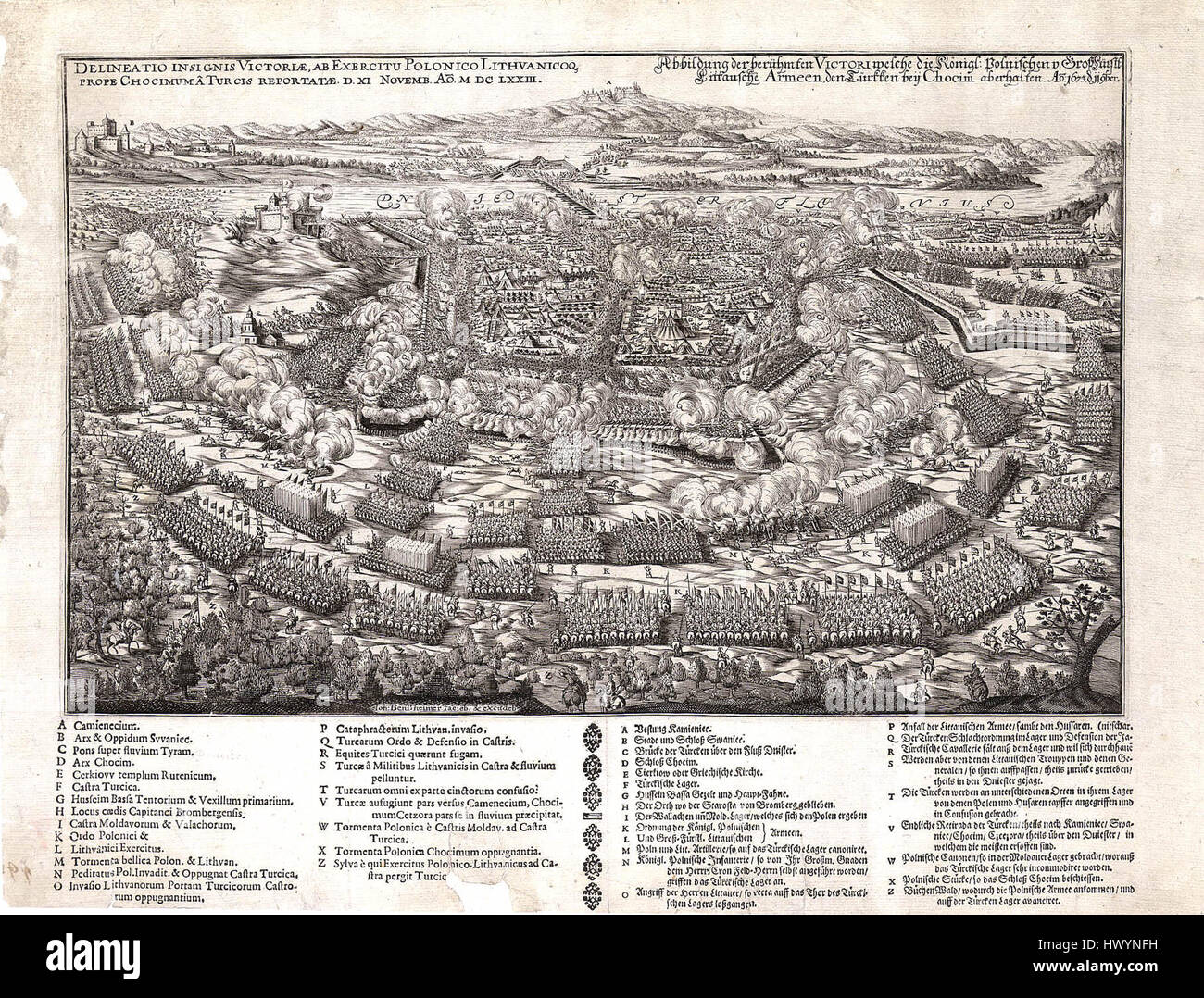 La bataille de Khotyn, livrée en 1673, est un conflit important entre le Commonwealth polono-lituanien et l'Empire ottoman. Cette représentation historique montre probablement l'intense engagement militaire, illustrant l'importance stratégique de la bataille et son impact sur la dynamique du pouvoir européen. Banque D'Images