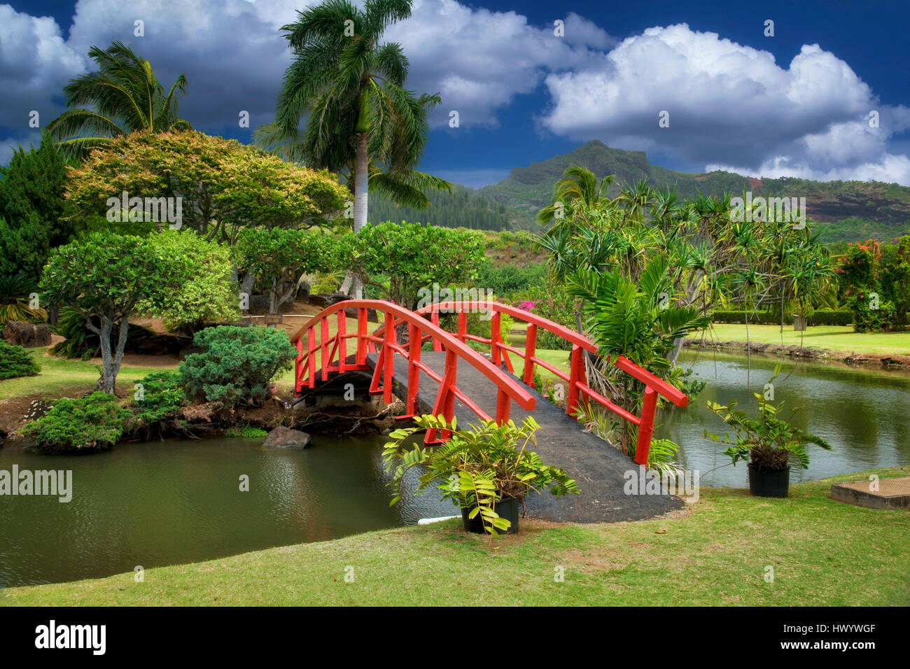 Pont pour les jardins japonais. Smith's jardins tropicaux. Kauai, Hawaii. Banque D'Images