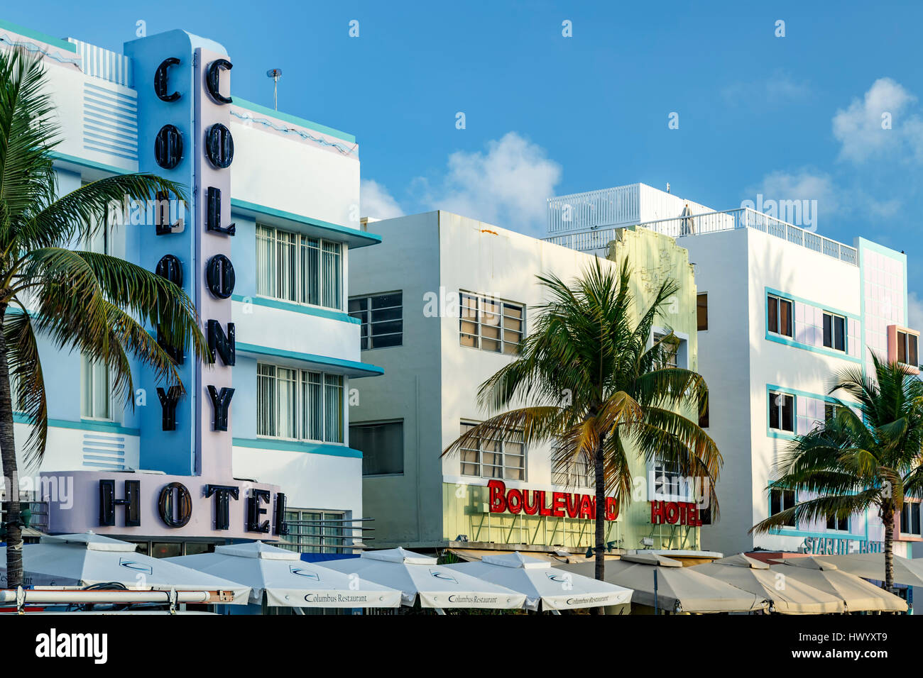 Rangée d'hôtels, South Beach, Miami Beach, Floride USA Banque D'Images Rangée d'hôtels, South Beach, Miami Beach, Floride USA Banque D'Images