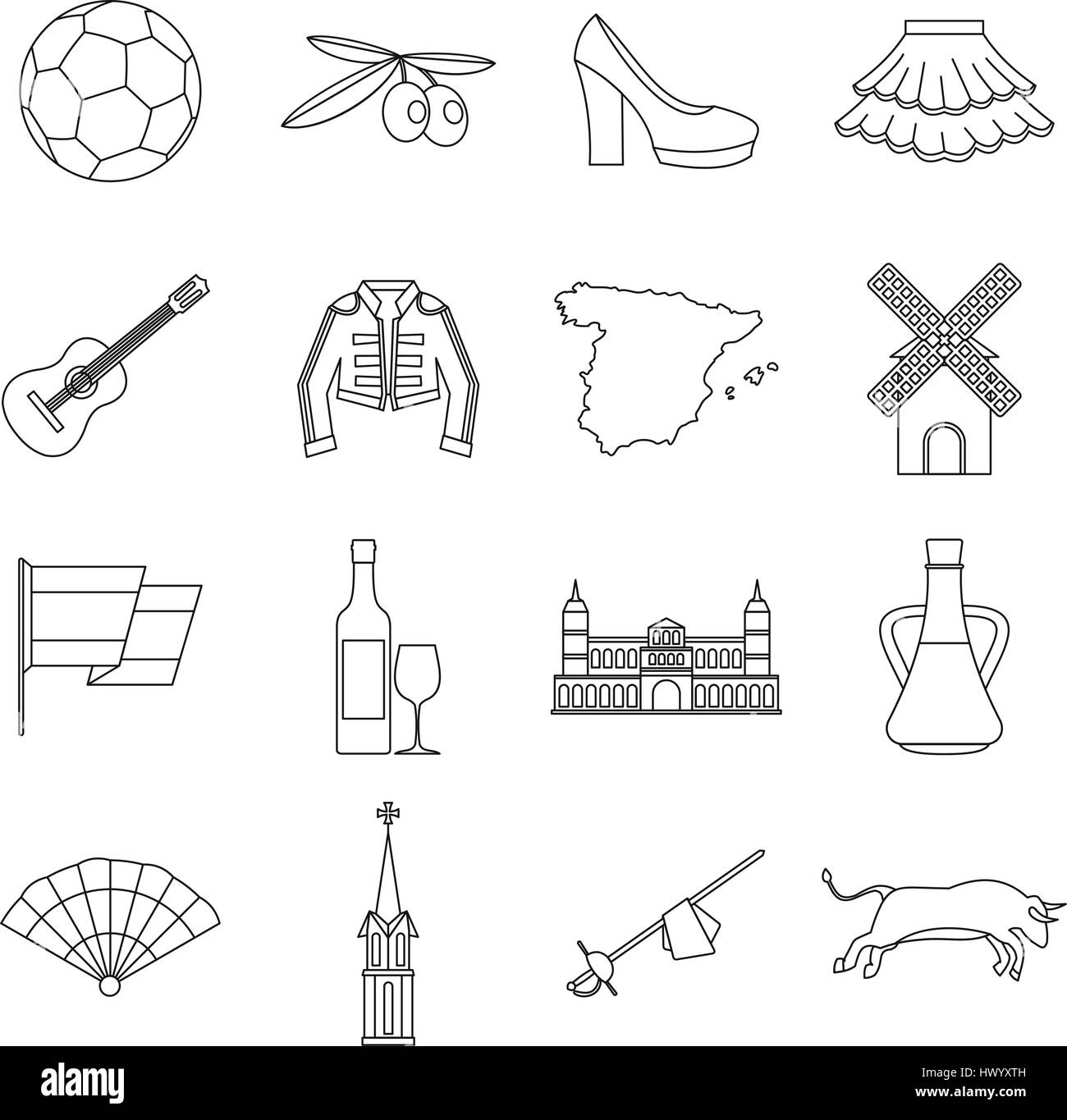 Spain travel icons set style du contour, Illustration de Vecteur