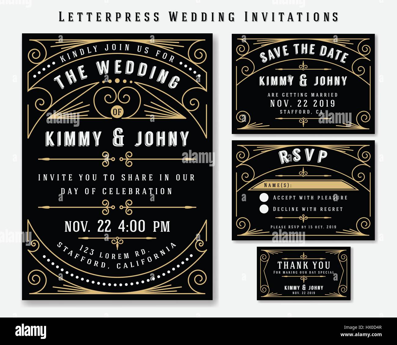 La typographie art déco Mariage Modèle. RSVP : carte, Enregistrer la date, merci les tags. Image Style Vintage classique Illustration de Vecteur