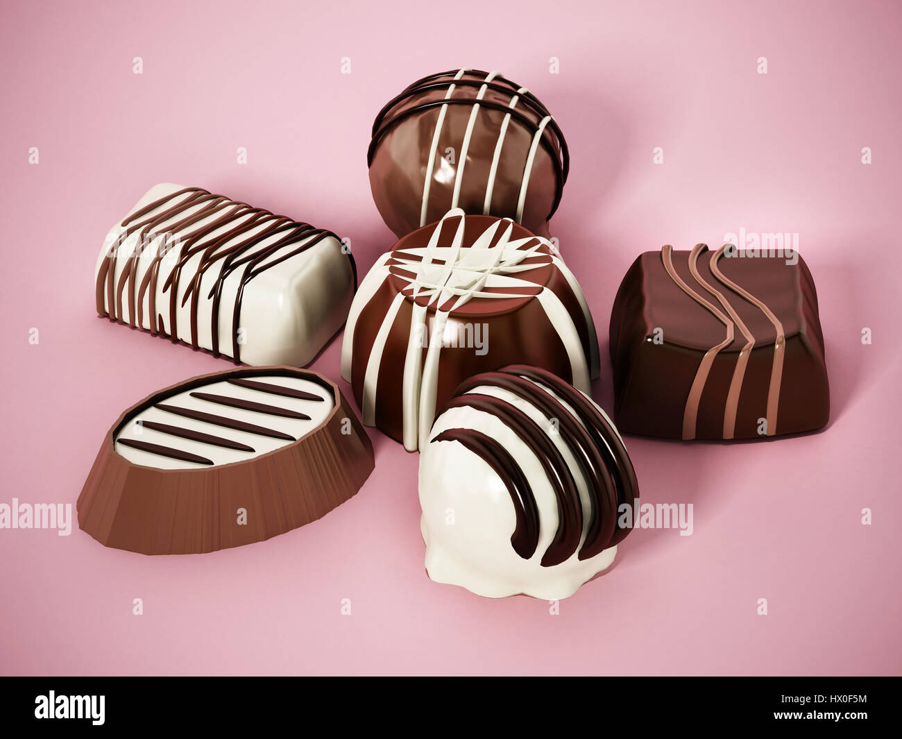 Chocolats Assortis sur fond rose. 3D illustration. Banque D'Images