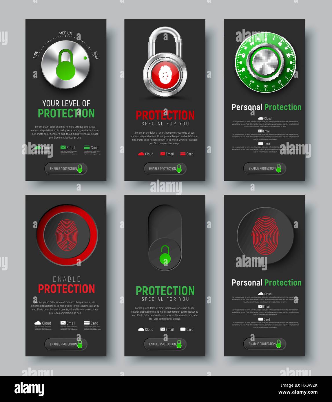 Ensemble de bannières web verticale noire pour protéger l'information. Les modèles verticaux avec cadenas, bouton et commutateur avec une empreinte digitale, mécanique combinatio Illustration de Vecteur