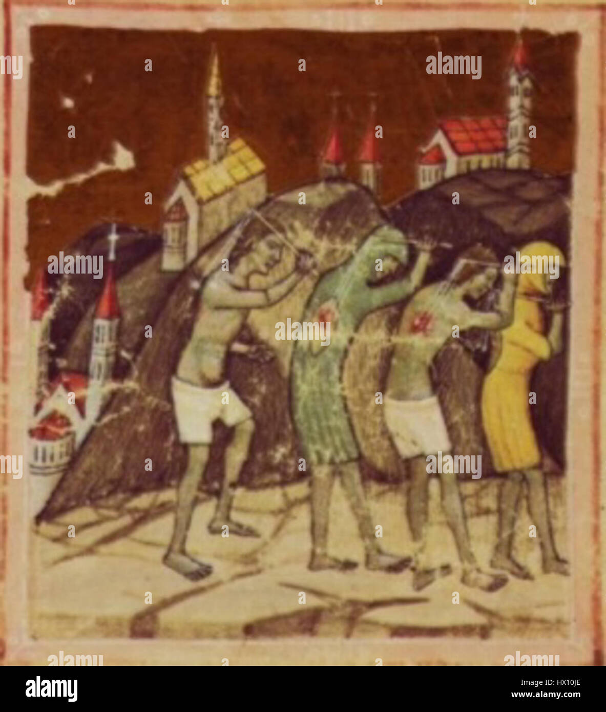« Flagellanti » fait référence à la pratique de l’auto-flagellation, souvent associée à la pénitence religieuse et au rituel. Cette pratique, historiquement observée dans diverses traditions religieuses, impliquait l'acte de se flageller comme expression de pénitence ou de dévotion. Le terme est le plus étroitement lié à la période médiévale et au début de la période moderne. Banque D'Images
