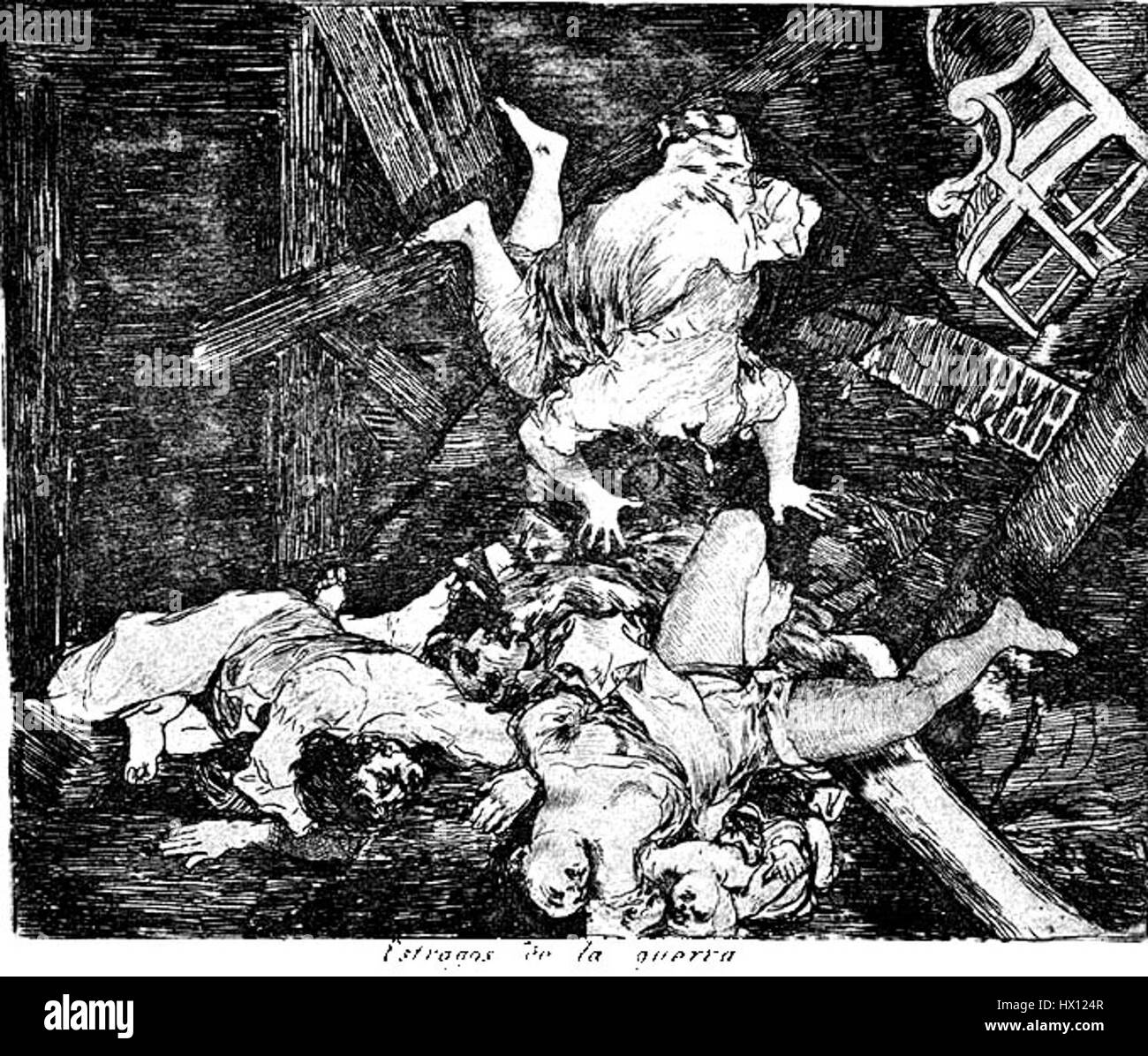 'Estragos de la guerra sin marco' (épave de la guerre sans cadre) est une œuvre d'art représentant les horreurs de la guerre. Il met en lumière la destruction, le chaos et les souffrances humaines causés par les conflits, faisant une déclaration puissante sur l'impact de la violence. Banque D'Images