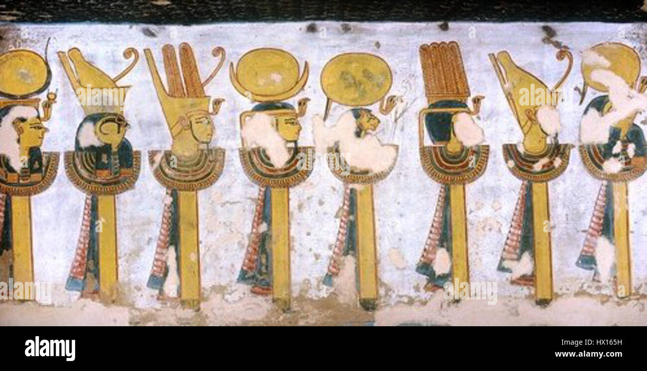 « Normes divines (KV11) » fait référence à une tombe égyptienne ou à une œuvre d'art associée à la Vallée des Rois, représentant probablement des symboles divins et des dieux égyptiens. L'œuvre reflète les thèmes religieux égyptiens anciens et les pratiques funéraires. Banque D'Images