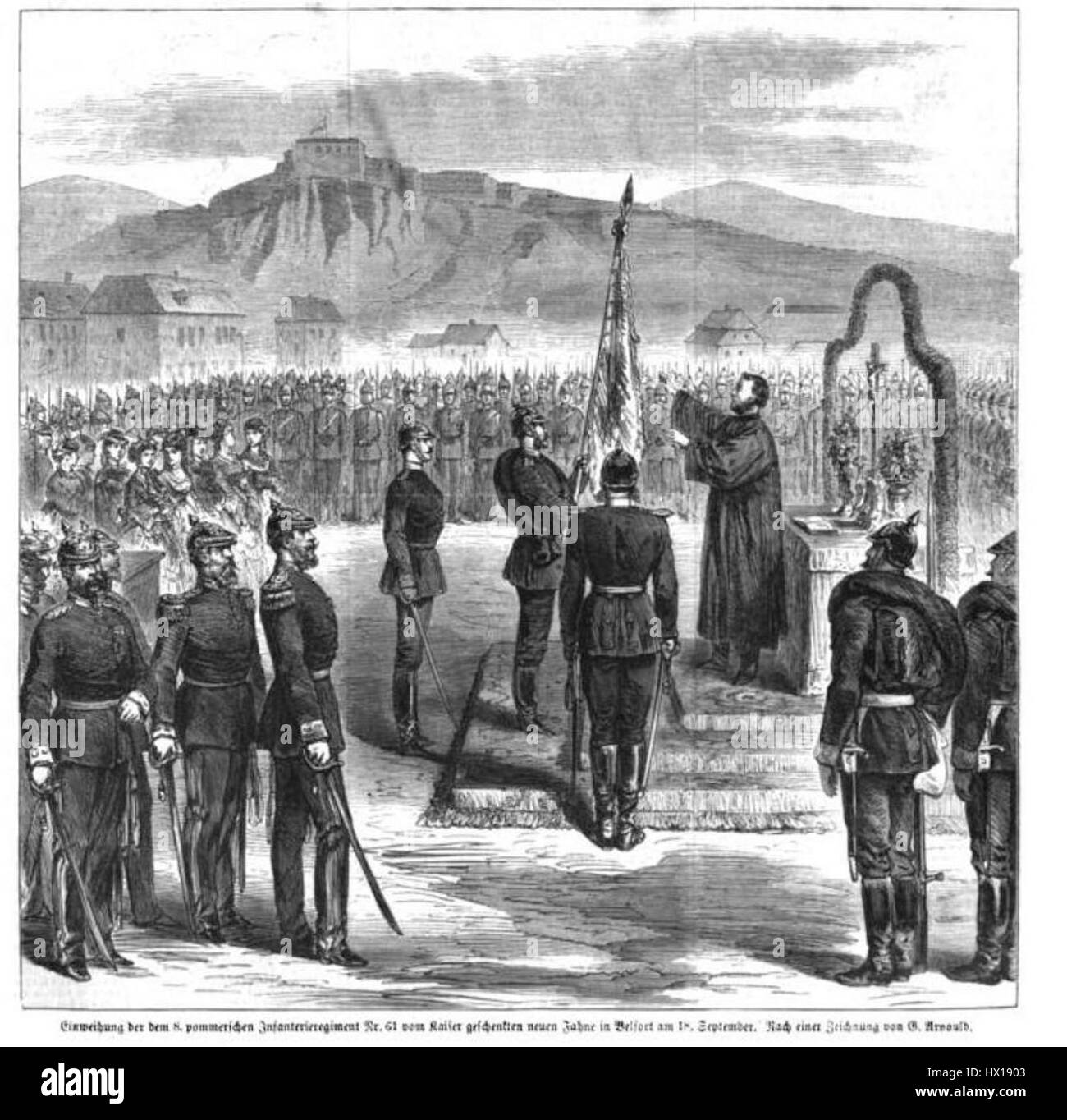 Fahnenweihe 8. Pommerisches Infanterie Regiment Nr. 61' représente la cérémonie de consécration du drapeau pour le 8e Régiment d'infanterie de Poméranie. Cet événement militaire met en lumière l’aspect cérémoniel de la tradition militaire au XIXe siècle. Banque D'Images