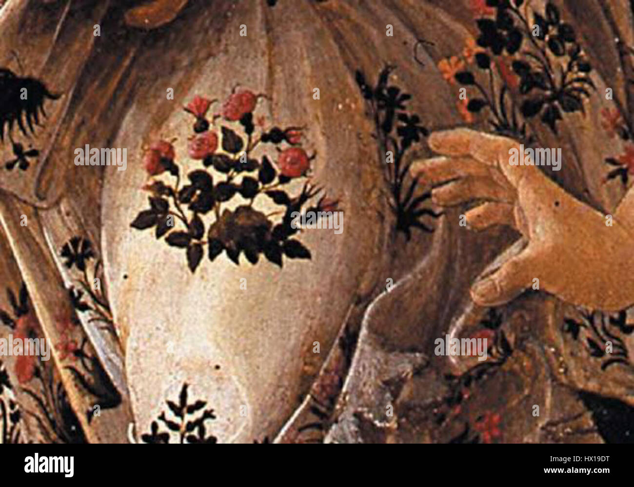 Ce détail d'œuvre met en valeur la jupe de Flora, faisant éventuellement référence à une figure classique ou mythologique, et se concentre sur les plis et le design complexes de tissus, souvent trouvés dans les peintures de la Renaissance ou du Baroque. Banque D'Images
