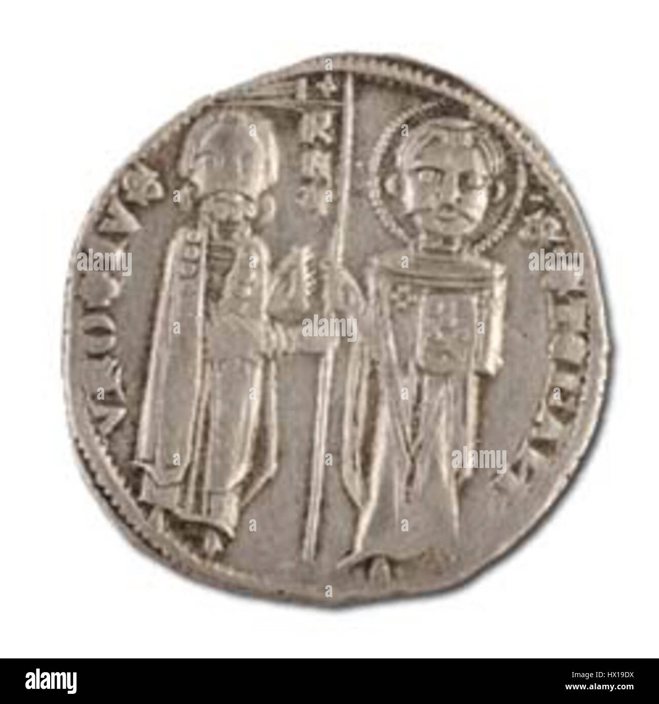 La pièce de Stefan Milutin ressemble au roi serbe et témoigne de son règne au XIVe siècle. Le design de la pièce comprend des images détaillées qui reflètent le style artistique et le symbolisme de l'époque. Banque D'Images