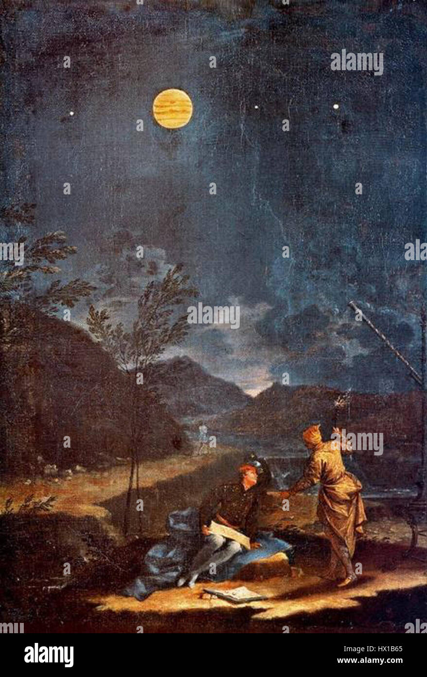 « Astronomical observations 06 Jupiter » de Donato Creti fait partie d’une série consacrée aux corps célestes, en particulier Jupiter. La peinture capture le style d'observation des astronomes du XVIIIe siècle, soulignant l'importance de l'étude planétaire au cours de cette période. Banque D'Images