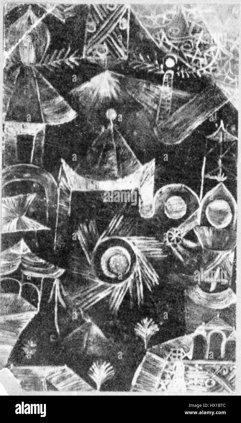 Paul Klee, artiste suisse-allemand, a créé des œuvres qui combinaient souvent abstraction et surréalisme. Son illustration de 1930 illustre son utilisation de formes fantaisistes et de couleurs vibrantes pour évoquer l'émotion, jouant avec les formes géométriques et le symbolisme subtil. Banque D'Images
