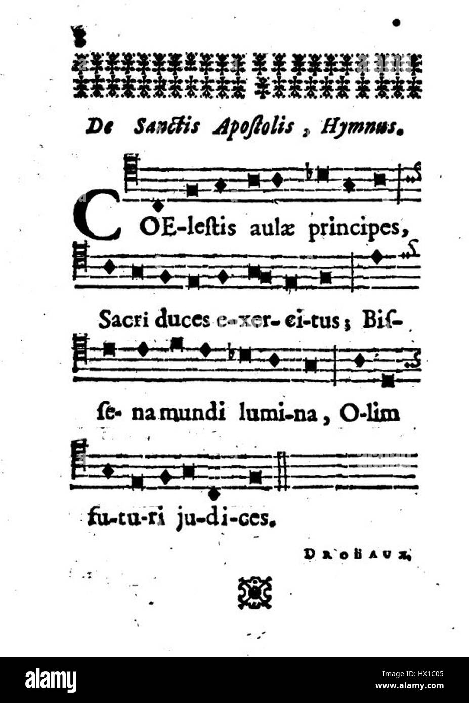 L'hymne de Drouaux, créé en 1698, est une composition baroque célébrant la dévotion religieuse. L’œuvre reflète la grandeur et l’intensité émotionnelle caractéristiques de l’art et de la musique baroques. La pièce de Drouaux aurait été utilisée dans des contextes liturgiques, fournissant à la fois une expression de foi et une expérience auditive de dévotion spirituelle. Banque D'Images