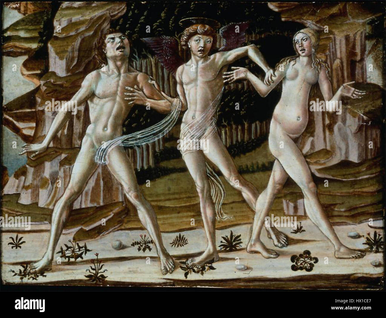 « Expulsion du Paradis » illustre le moment biblique où Adam et Ève sont bannis du jardin d'Éden, avec les figures d'Adam, Ève et de l'ange dépeintes de façon vivante dans une scène émotionnelle de jugement divin et de chute humaine. Banque D'Images