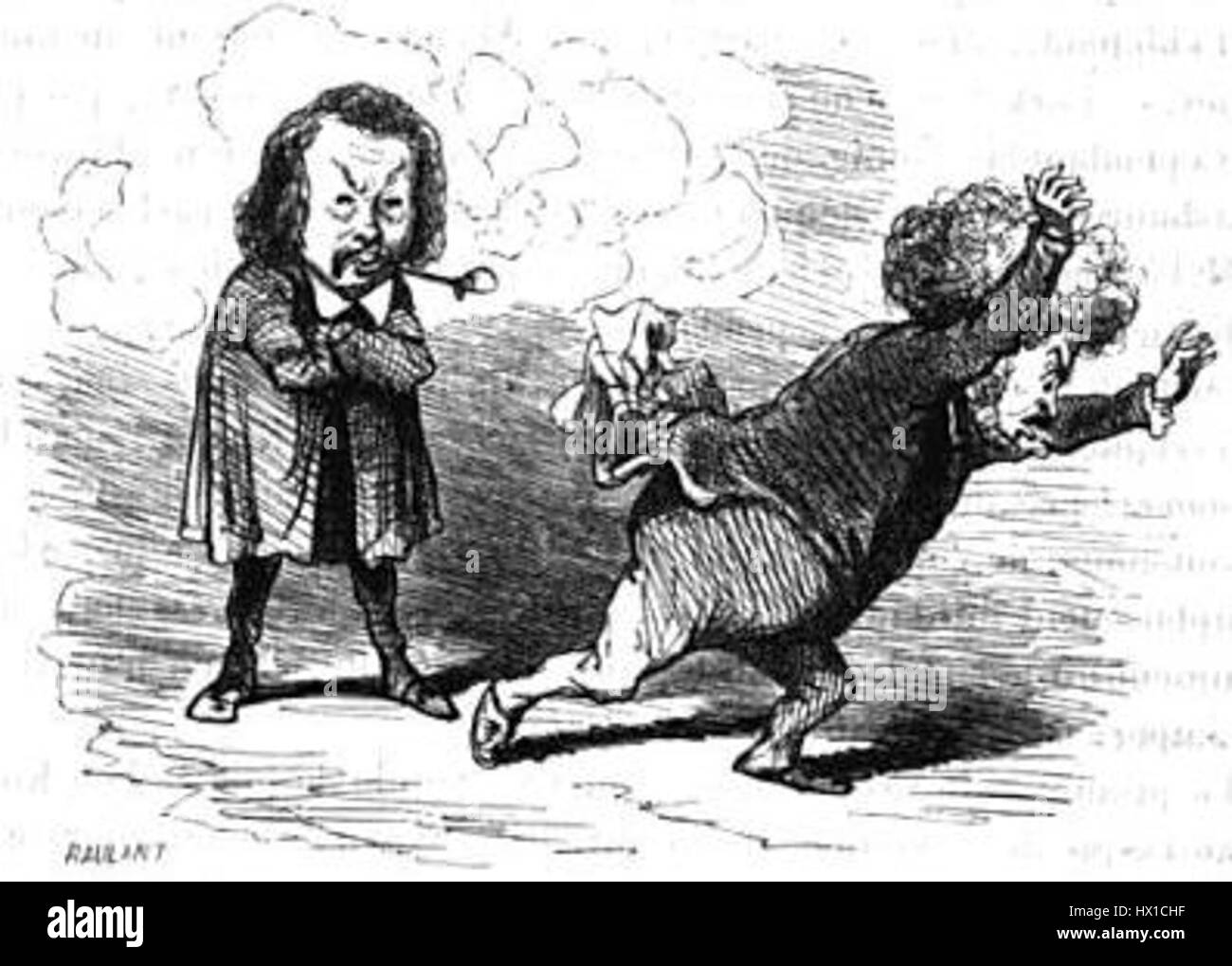 Cette œuvre, intitulée 'Flocon et Marrast par Cham', présente un effort de collaboration entre les artistes Flocon et Marrast, présentant une représentation de la scène sociale française au XIXe siècle. La peinture est marquée par sa représentation détaillée et réaliste des gens et des environnements de l'époque. Banque D'Images