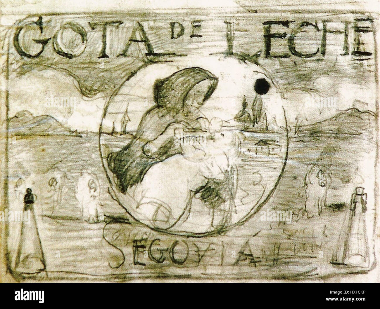 « Gota de Leche de Segovia » d’Ignacio Zuloaga dépeint un moment poignant de la vie espagnole, mettant en valeur une scène traditionnelle mère-enfant. La maîtrise de Zuloaga dans la capture du réalisme social et de l’émotion humaine est évidente dans cette œuvre intime. Banque D'Images