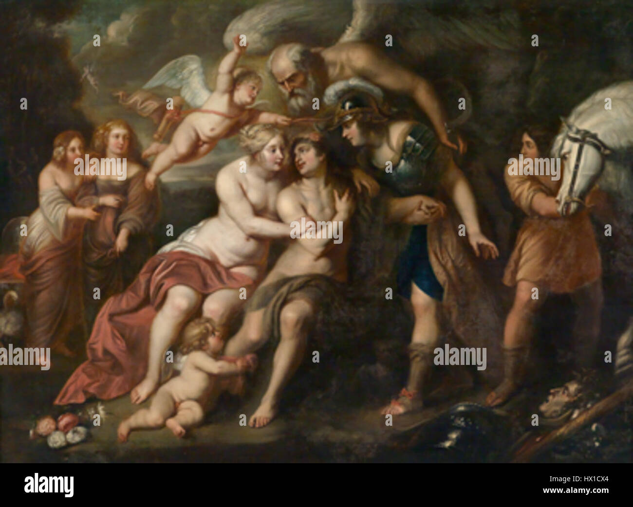 Cette peinture flamande, représentant Hercule à la croisée des chemins, dépeint le héros face à une décision importante. L'image illustre le thème du choix et de la morale, au cœur de nombreux mythes classiques, avec Hercule entre deux chemins, symbolisant le poids de sa décision. Banque D'Images