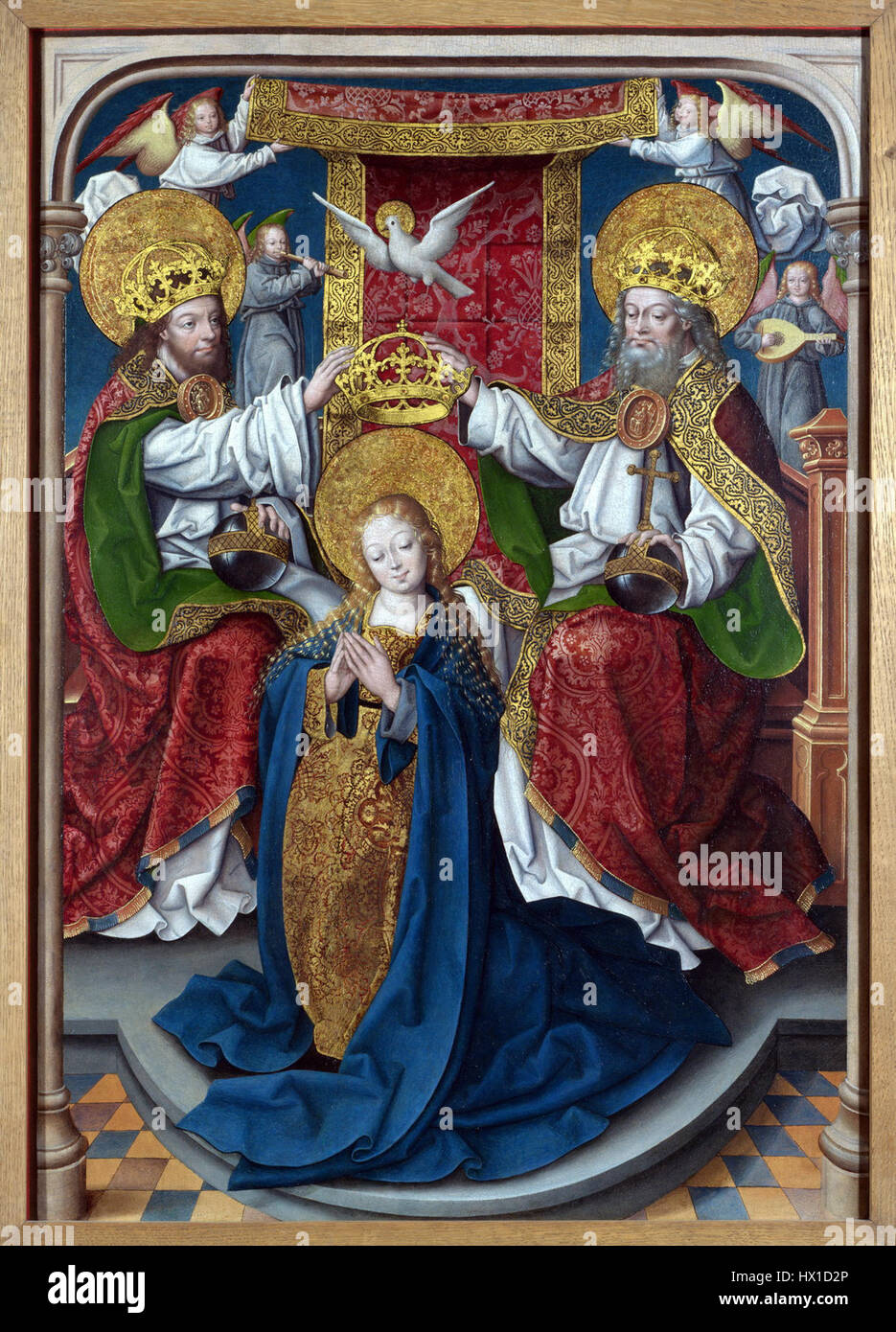 Couronnement Vierge est une représentation classique de la Vierge couronnée de gloire céleste. L'œuvre, conservée dans la Galerie nationale, illustre des thèmes religieux avec des couleurs riches et un symbolisme divin. Banque D'Images