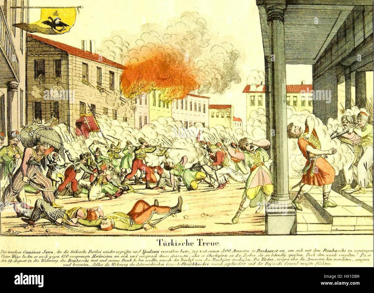 *Eteria Turkische Treue* (1821) décrit la lutte des révolutionnaires grecs contre l'Empire ottoman. L'œuvre capture l'essence émotionnelle et dramatique de l'époque, mettant l'accent sur la bravoure, le sacrifice et la fierté nationale au début de la guerre d'indépendance grecque. Banque D'Images