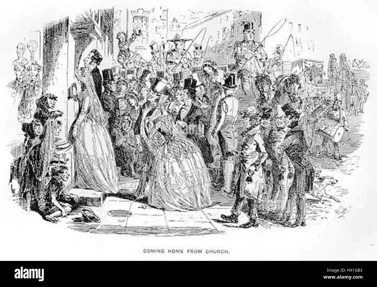 Cette pièce, 'Coming Home from Church', capture un groupe de personnages revenant d'un service religieux. La peinture se concentre sur l'expérience humaine et l'ambiance calme et réfléchie qui suit l'événement communautaire. Banque D'Images