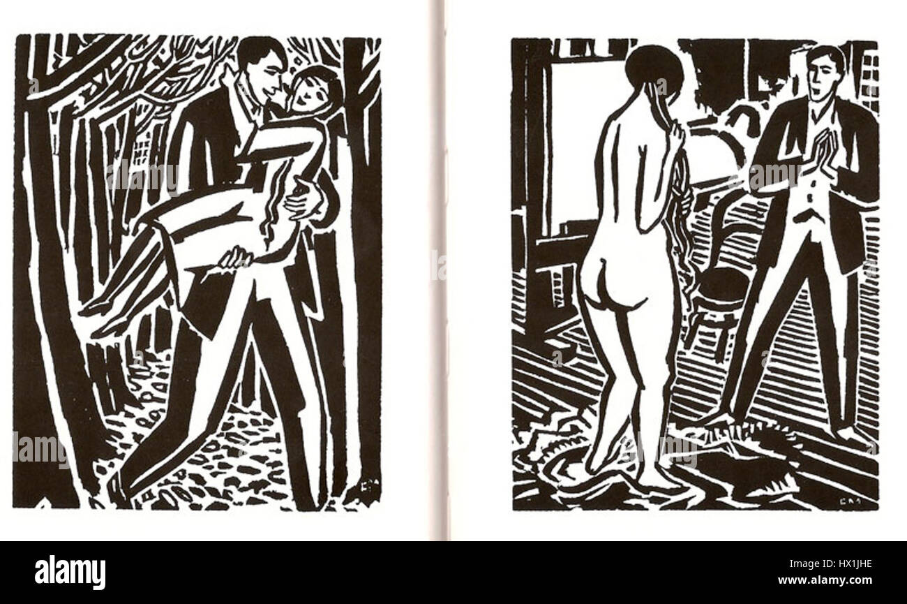 Le « voyage passionné » de Frans Masereel est un roman graphique représenté à travers des gravures sur bois. Les deux pages présentées présentent l'exploration par l'artiste des émotions humaines et du voyage de la vie, dépeinte dans des contrastes noirs et blancs frappants qui soulignent l'intensité brute du récit. Banque D'Images