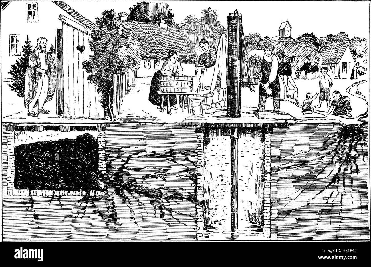 Un texte du XIXe siècle discutant des différentes façons dont les ponts peuvent être infectés par la bactérie typhoïde, probablement dans le cadre de la recherche médicale ou de santé publique au cours de cette période. Banque D'Images