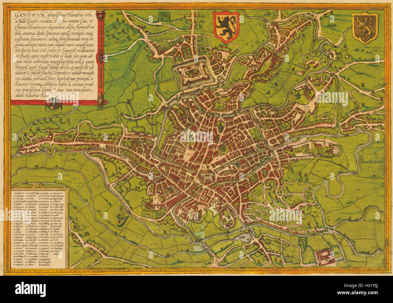 Il s'agit d'une représentation de la ville de Gand par les artistes renommés Braun et Hogenberg. Leurs œuvres présentaient souvent des vues détaillées des villes pendant la Renaissance et les premières périodes modernes. Banque D'Images