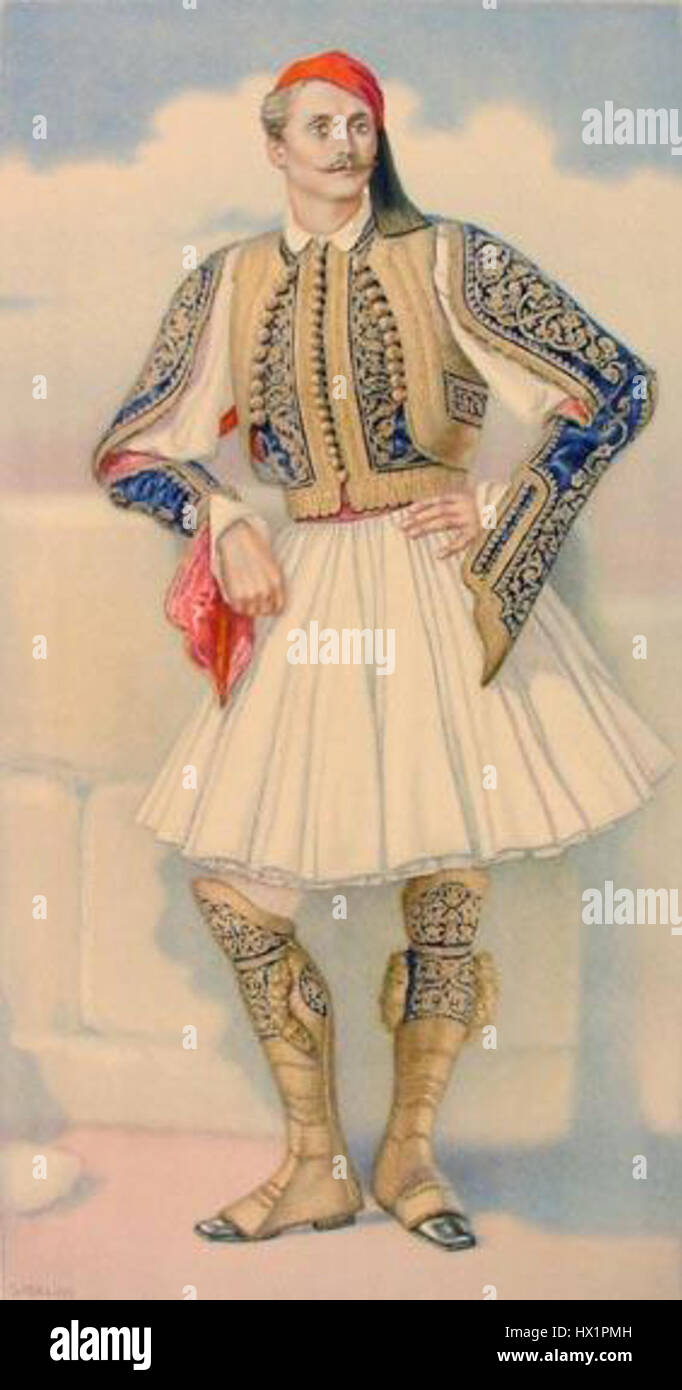 La Fustanella est un costume grec traditionnel originaire du Péloponnèse, caractérisé par une jupe plissée, portée dans le cadre de la tenue nationale lors d'événements culturels et militaires importants. Banque D'Images